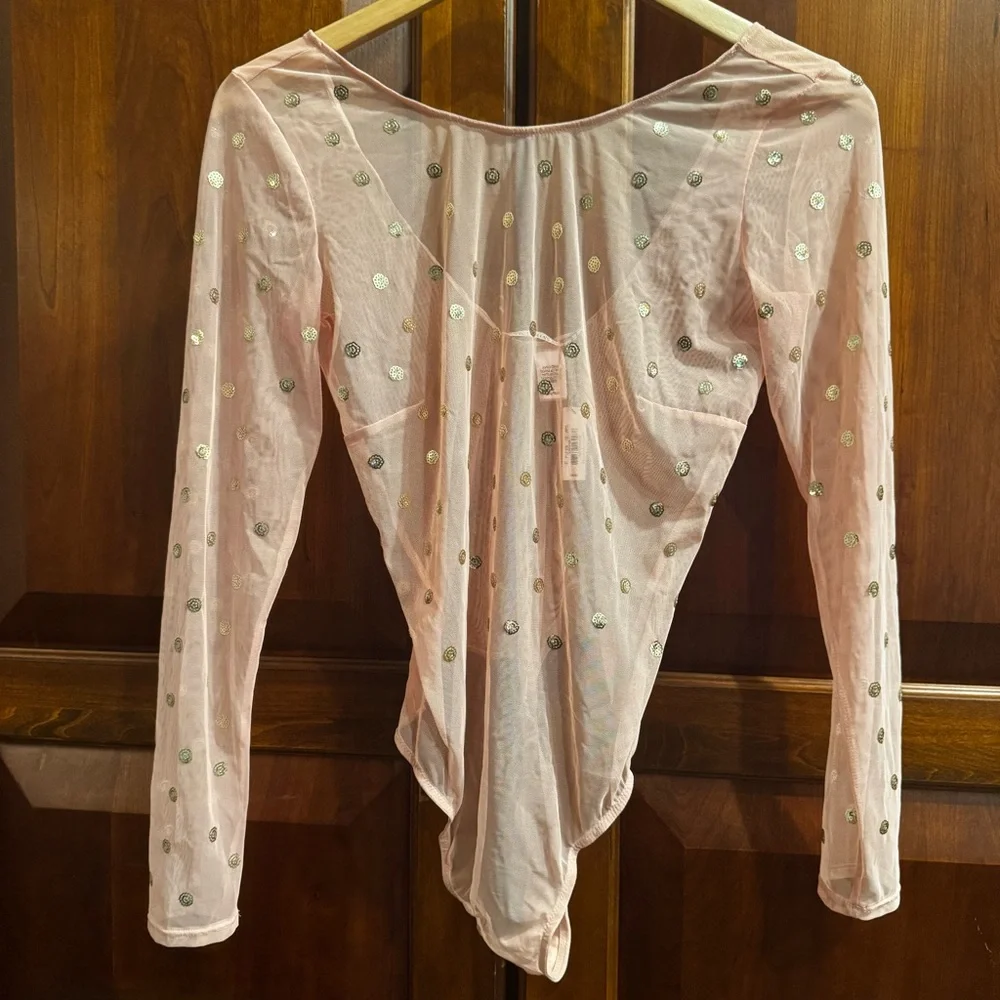 NWT Victoria’s Secret Bodysuit Sheer Peach Gold Sequin Dots Size M